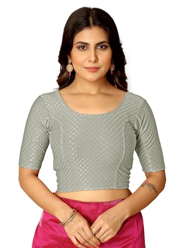 Image of Amazon Brand - Anarva Round Neck Dobby Cotton Lycra Stretchable Elbow Half Sleeve Readymade Saree Blouse for Women Stylish