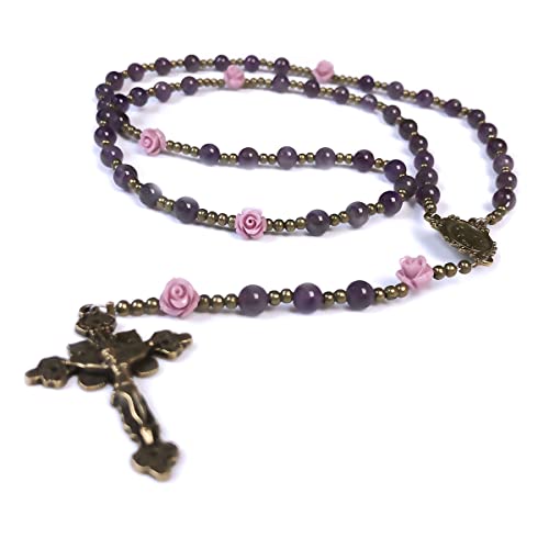 Purple Amethyst Stone and Lavender Rose Rosary Beads with Miraculous Medal Centerpiece - Catholic Gift for Women2