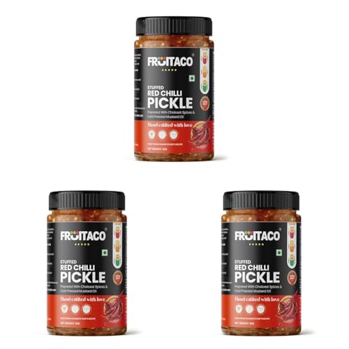 Image of Fruitaco Stuffed Red Chilli Pickle - Authentic Indian Pickle with Tangy and Spicy Flavor | Perfect Side for Meal (1 Kg, Stuffed Red Chilli Pickle) (Pack of 3)