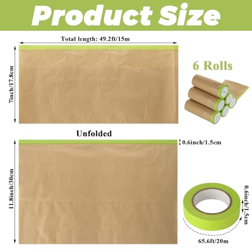 Image of 6 Rolls 12 inch x 50 ft Pre-Taped Masking Paper, Tape and Drape Painters Paper, Paint Masking Paper for Painting Cars and Auto Body, Floor Protection, Wall Covering