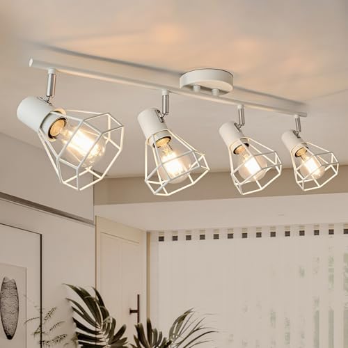 HiBay 4-Light Track Lighting, Flexible Ceiling Light Fixtures White, Metal Cage Farmhouse Spotlight Vanity Lights for Bathroom, Kitchen, Bedroom, E26 Base (Bulbs Not Included)