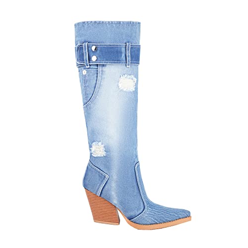 vivianly Women Denim Knee High Boots Pointy Toe Chunky Stacked Heel Cowgirl Boot4