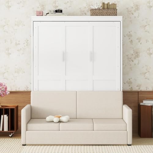 Queen Murphy Bed with Couch,Wood Folding Murphy Wall Bed Cabinet with Sofa,White