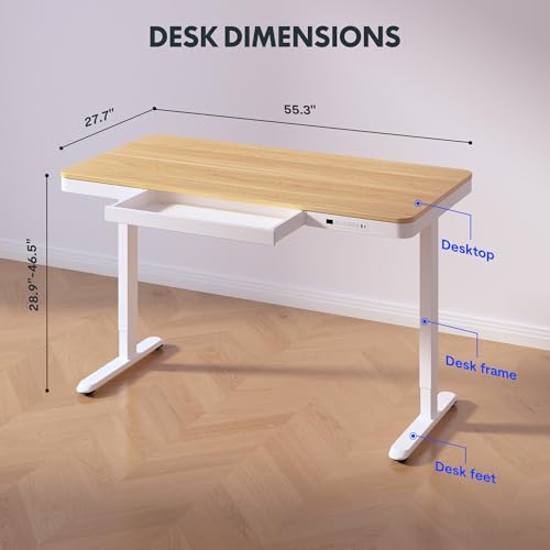 Image of FLEXISPOT Comhar 55 inch Electric Standing Desk with Drawers, USB Charging Ports, Quick Assembly, Height Adjustable Sit Stand Computer Desk with Child Lock for Scandinavian Home Office, Maple