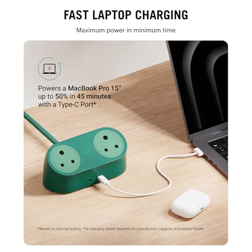 Image of DailyObjects Loft Charging Station - 2 Type-C Ports - 65W, 2 Type-D Ports - 2500W, 5ft Long Cable, Compatible with All Devices, Supports Laptop Charging for Office, Home Appliances, GaN5 - Green