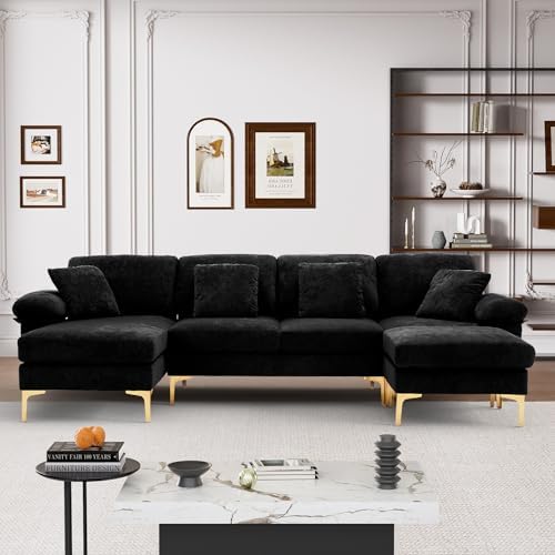Wrofly 114" U-Shaped Velvet Sectional Couch with Ottoman, Black