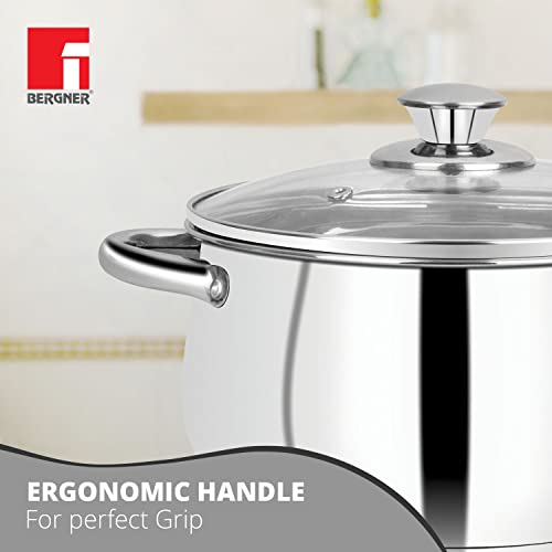 Image of Bergner Acier Stainless Steel Set of 2 Cook and Serve Casserole with 2 Glass Lids, 4 pcs, 2 Casseroles 16cm with 2 Glass Lids, Induction Bottom, Gas Ready, Silver