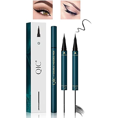 Domality 2Pcs Black Double Head Mascara & Eyeliner Set, 4D Silk Fiber Mascara, Soft and Hyper Sharp Tip Brush Eyeliner, Sweat Resistant, Smudge Resistant, Create Natural Long-lasting Eye Makeup Cover