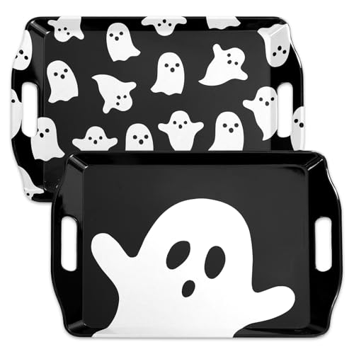 JarThenaAMCS 4 Pcs Halloween Ghost Serving Tray Black White Cute Ghost Handled Melamine Board Trick or Treat Serving Platter for Home Party Food Supplies