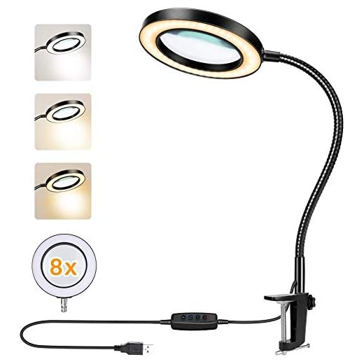 Achort Förstoringsglas med ljus 8X LED-upplyst förstoringsglas 8 tum LED-huvud anti-bländning dimbar förstoringslampa uppladdningsbar med 3 modell 10 justerbara ljusstyrkenivåer