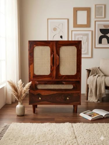 Image of Space Galaxy Sheesham Wood Chest of Drawer with Cane Rattan Doors | 2 Door 2 Drawer Wooden Sideboard & Cupboard Organizer | Tall Storage Furniture for Bedroom, Living Room & Home | Honey Oak Finish
