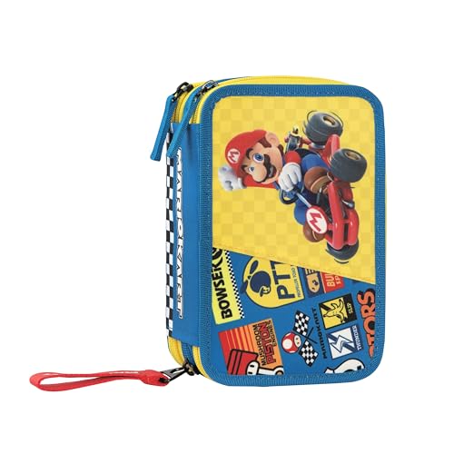 MARIO KART - Astuccio Scuola Ufficiale Mario Kart, Astuccio 3 Scomparti Bambino e Bambina con Set Cancelleria, Penna Cancellabile Blu e Pratica Chiusura a Zip, 20x13Hx7 cm