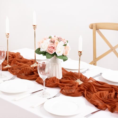 Image of MLMC 2 Pack Terracotta Table Runner 10ft Rustic Burnt Orange Cheesecloth Table Runner 35 x 120 inches for Wedding Bridal Shower Birthday Outdoor Pinic Reception Party Decor