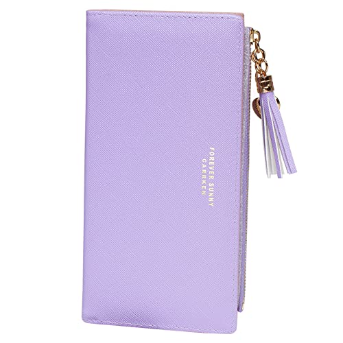 Image of SUMGOGO Wallets for Women Slim Clutch Purse Handbag Card Holder Womens Long Tassel Zipper Pocket Fashion Taiga Leather Billfold Wallet (Lavender)