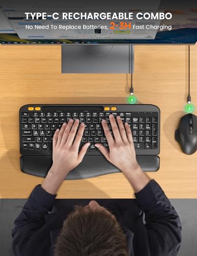 Wireless Keyboard and Mouse Combo, Ergonomic Wave Keys, Cushioned Plam Rest, Rechargeable, Phone Holder, Natural Typing, 2.4G Lag-Free, Full Size Keyboards Cordless Set for Windows/Mac -SABLUTE