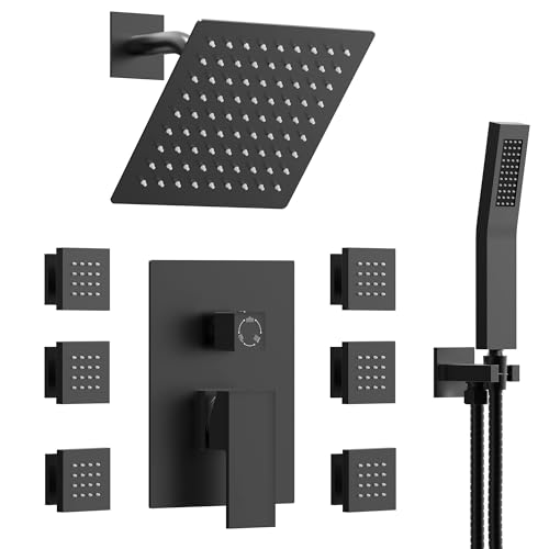 EVERSTEIN Wall Mount 10" High-Pressure Rainfall Shower System with Handheld Spray & 6 Body Jets, Rough in-Valve (Matte Black) EVERSTEIN Wall Mount 10" High-Pressure Rainfall Shower System with Handheld Spray & 6 Body Jets, Rough in-Valve (Matte Black)