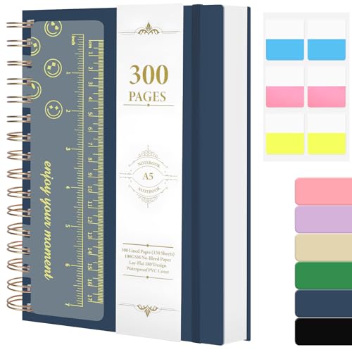 AOOSU Carnet de Notes, Carnet A5 Ligné, 300 Pages Cahier A5 à Spirale, Papier Encreur 100g/M², Life Planner Agenda Scolaire–Couverture Rigide PVC, avec Règle pour...