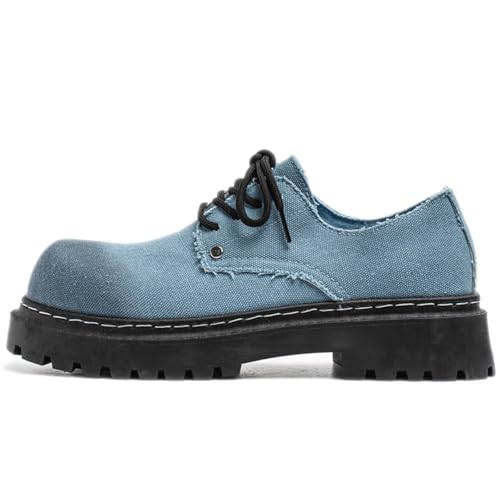 Men's Denim Lace Up Platform Chunky Heel Oxford Shoes Classic Round Toe Comfortable Anti-Slip Lug Sole Formal Derby Shoes for Wedding Business Dress