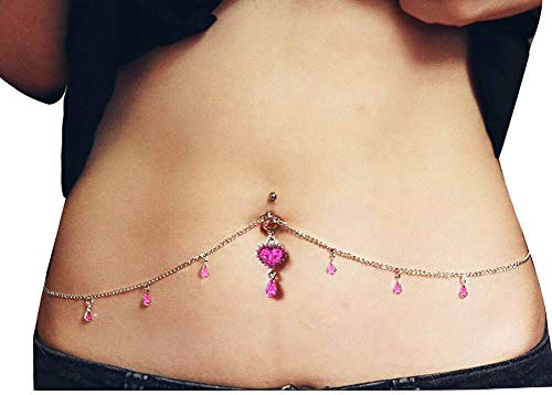 Women Sexy Rhinestone Belly Button Ring Surgical Steel Love Heart Pendant Dangle Piercing Navel Waist Chain Body Jewelry (Pink)