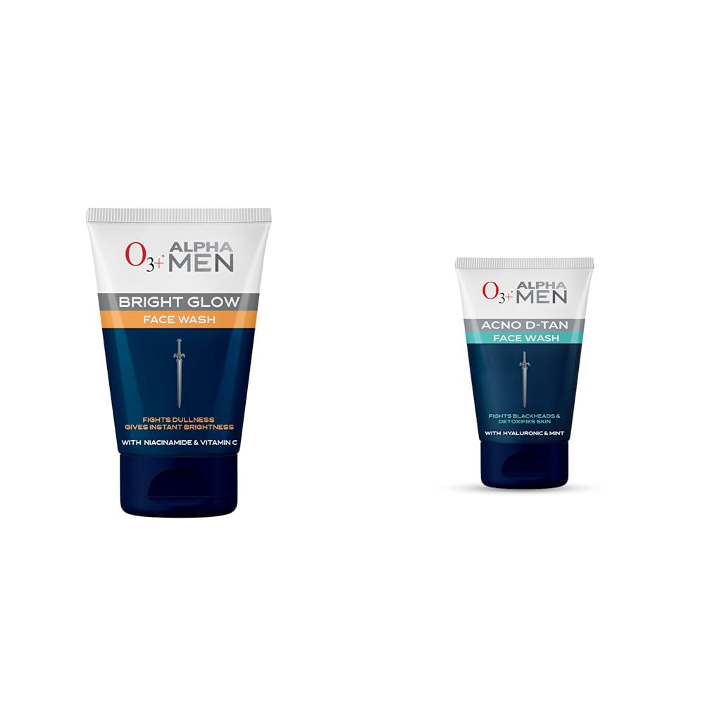 O3+ ALPHA MEN Bright Glow Face Wash 100g & O3+ ALPHA MEN Acno D-TAN Face Wash with Hyaluronic & Mint | Fights Blackheads & Detoxifies Skin, 50ml-image-18