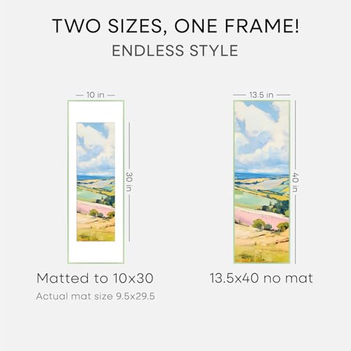 Image of Homeforia 13.5x40 Picture Frame Sage Green, High End Metal 13.5x40 Panoramic Poster Frame with Mat 10x30 Photo, 13.5 x 40 Frame Matted to 10 x 30 Art, 40x13.5 Frame, Tempered Glass, Wall Kit, Set of 2