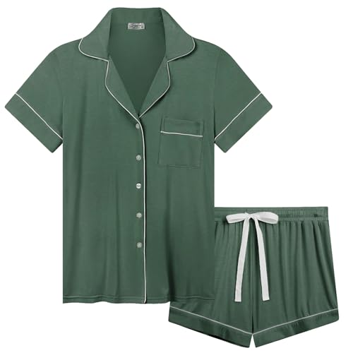 Cherrydew Women Bamboo Viscose Super Soft Comfy Summer Cooling Short Sleeve Button Down Pajama Shorts Set S-XXL