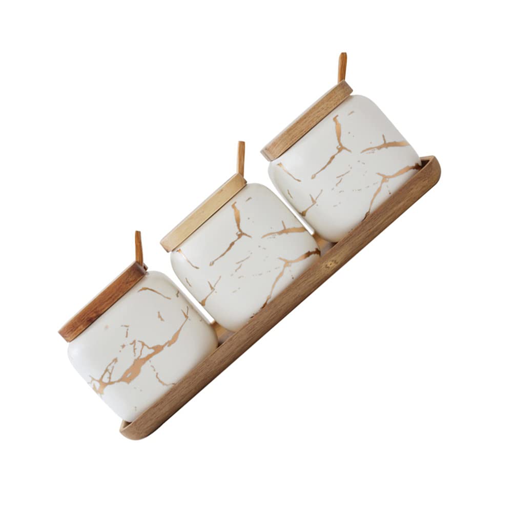 1 Set Barattoli per condimenti Portaspezie Contenitore per condimenti in Ceramica Rack Portaspezie Contenitore con Coperchio a Cucchiaio Vassoio per Cucina tè caffè Zucc