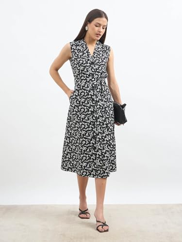 Image of Salt Attire Women's Black Floral Midi Dress | Sleeveless Fit and Flare Western | Button Down Dress with Notched Collar & Side Pockets | Moss Crepe Polyester Casual with Tie-Up Belt