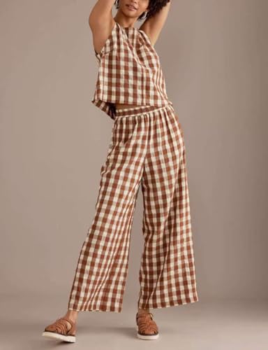utcoco Womens 2 Piece Outfits Retro Plaid Tank Tops Gingham Wide Leg Pants Lounge Set 2025 Summer Tracksuit4