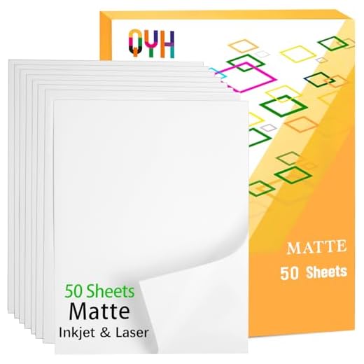 QYH Premium Printable Vinyl Sticker Paper - 50 Matte White Waterproof Decal Paper Sheets for Inkjet Printer Standard Letter Size 8.5"x11"