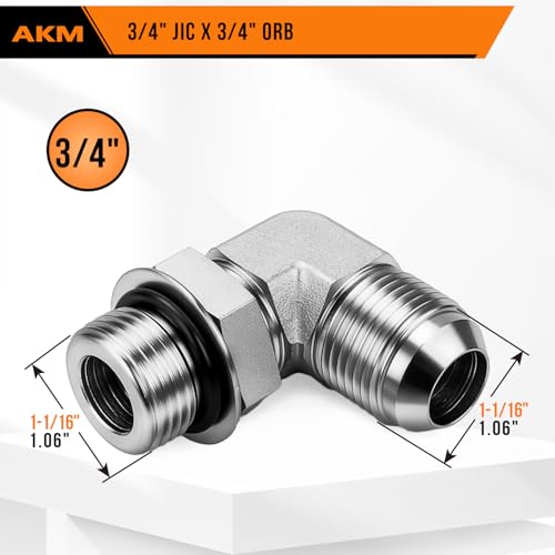 Image of 90 Elbow Straight Hydraulic Hose Adapter Fittings, 6801-12-12 3 /4 inch Male JIC (1 1 /16 inch-12 thread) x 3 /4 inch ORB (1 1 /16 inch-12 thread) Male Connectors x 5 pack