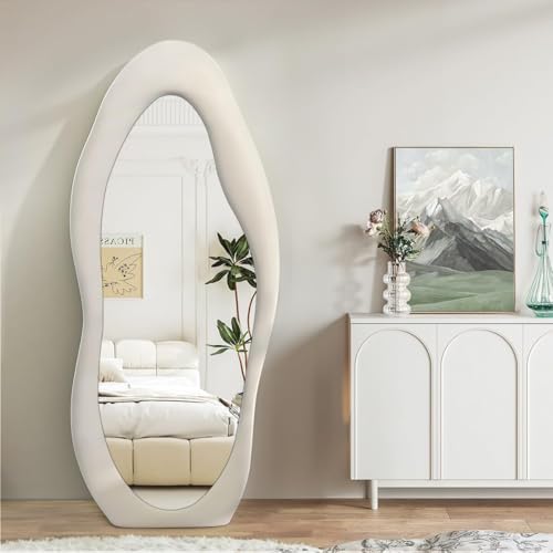 160 x 60CM Irregular Wavy Mirror Flannel Wrapped Frame Floor Standing Dressing Mirror Space Modern Style Foldable Stand Wall Mount & Floor Display for Bedroom Living Room(White 160 * 60cm)