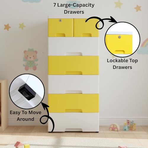 Image of The Tickle Toe 7-Drawer Plastic Kids Cabinet | Lockable Storage Organizer with 5 Big & 2 Small Drawers | Portable & Child Safe | 51L x 33W x 121H cm | Yellow & White