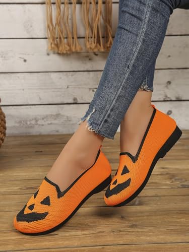 Women's Fashion Halloween Canvas Sneakers 2025,Halloween Pumpkin Ghost Pattern Loafers Soft Comfortable Knitted Walking Canvas Sneakers Low Top Slip on Mesh Breathable Loafers4