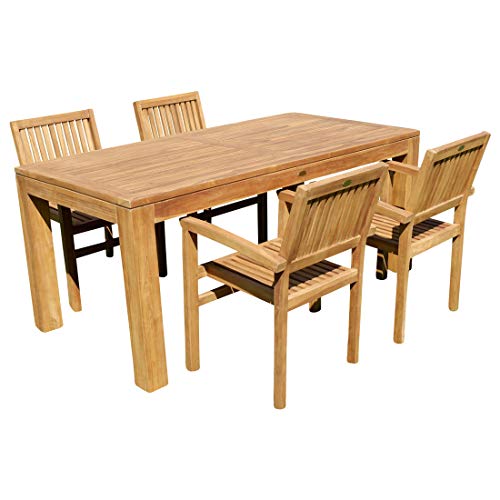 ASS Teak Set Gartengarnitur Gartenset Sitzgruppe Gartentisch Bigfuss 180x90 cm mit 4 Stapelsessel Miami aus Teakholz Gartenmöbelset Esstischgruppe Sessel stapelbar
