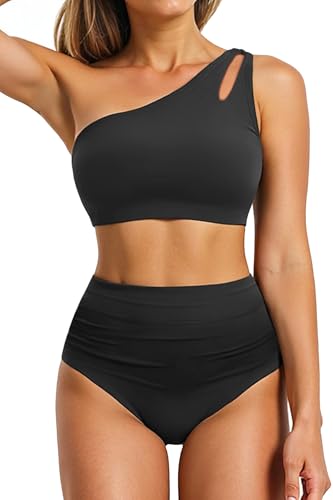 Yonique Women High Waisted Bikini - One Shoulder Bathing Suit Tummy Control Two Piece Swimsuit 2025 Black Medium