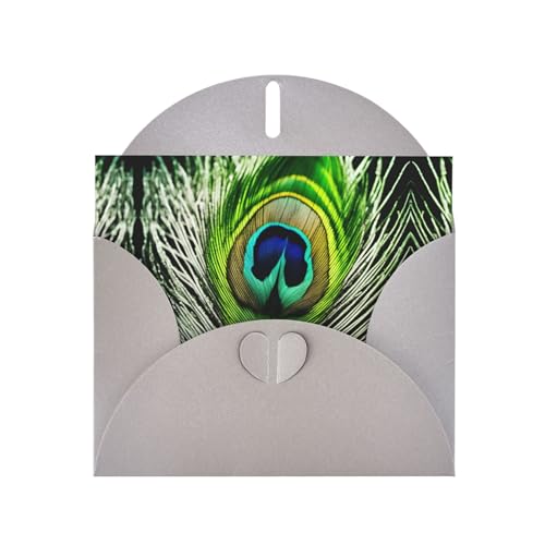 Elegante tarjeta de felicitación gris con estampado de plumas de pavo real verde con tarjetas y sobres en blanco, perfecta para cumpleaños, bodas, novias y mucho más