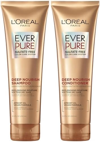 L'Oreal Paris Sulfate Free Shampoo and Conditioner for Dry Hair, Triple Action Hydration for Dry, Brittle or Color Treated Hair, Apricot Oil Infused Hair Care, EverPure, 8.5 Fl Oz, Set of 2