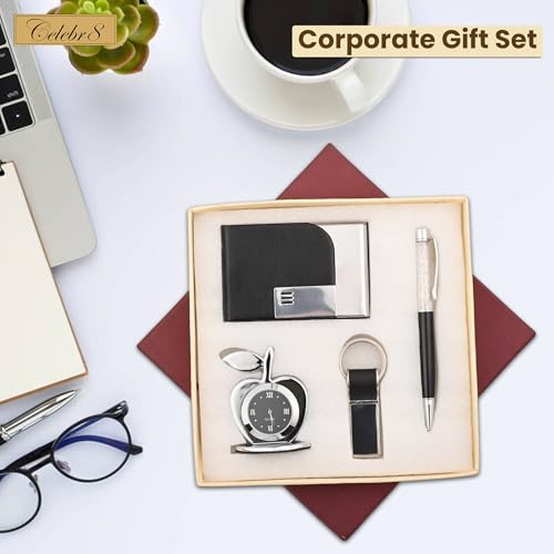 Image of Celebr8 Corporate Gift Combo for Men & Women | Desk Table Clock, Metal Pen, Card Holder & Keychain Set | Premium Office Gift Hamper | Birthday Gift for Husband, Boss, Employees | Gift for Father