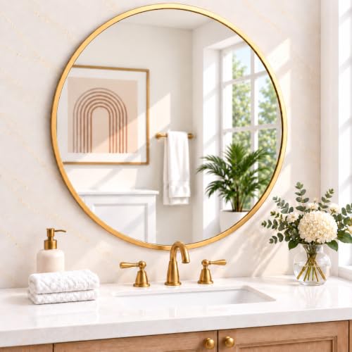 Round Mirror, 24 inch Circle Mirror, Gold Metal Frame Round Mirrors for Wall, Bathroom Mirrors for Wall Decor, Wall Mirror for Entryway, Vanity, Hallway, Easy to Install
