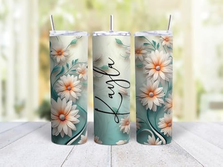 20oz Skinny Tumbler Personalized White And Peach Flowers With Green - Stainless Steel Double Wall Insulated Cup With Lid And Straw