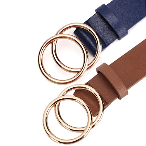 Unfader Pack 2 Women Belts For Jeans With Fashion Double O-Ring Buckle And Faux Leather (Pack 2 (Blue+Chocolate Brown), M: Fits Wiast Size From 31"-36") #TOP5