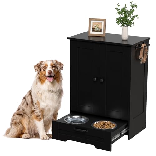 Sylunawyn Dog Feeding Station with Storage Cabinet Black Wood Dog Cabinet with 2 Elevated Stainless Steel Bowls Hidden Pull-Out Feeder Drawer Pet Feeding Station for Kitchen and Living Room