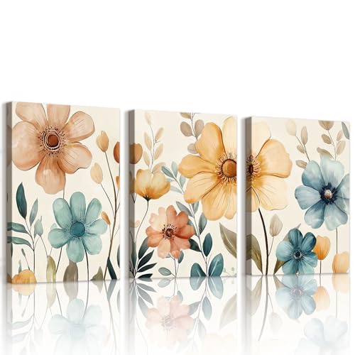 WENGTIAO 3 Pièces Coloré Floral Tableau Decoration Murale Encadré Toile Peinture Rouge Jaune Vert Fleurs Sauvages Botanique à l'encre sur Toile Decoration...