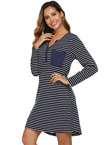 Ekouaer Women's Nightshirt Long Sleeve Button Down Nightgown V-Neck Sleepwear Short Sleeve Pajama Dress