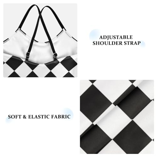 Checkered White Black Girls One Piece Swimsuits Sport Halter Swimwear Beach Bathing Suit 7-8T3