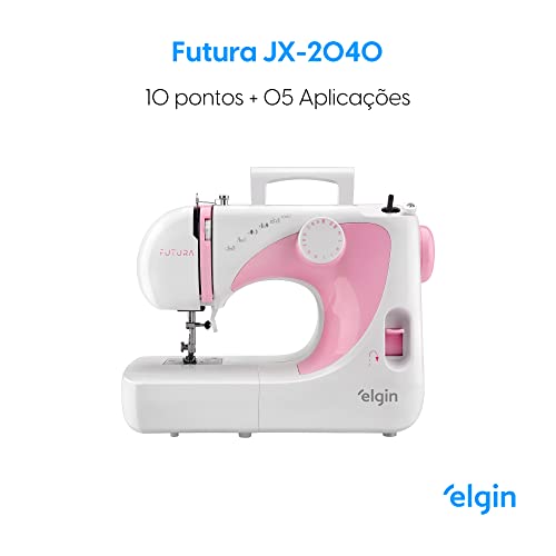Máquina de Costura Futura Elgin JX-2040 Portátil 10 pontos Branca e Rosa 220V