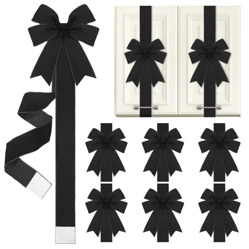 Daifunli 6 Pcs Christmas Velvet Cabinet Door Bows and Ribbons Large Red Black Christmas Door Cabinet Bows for Gifts Xmas Cabinets Furniture Kitchen Party Decorations(Black)