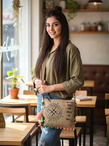 Image of The House of tara Casual Jute Purse For Women | Small Crossbody Sling Bag with Tassels, Zip Pocket & Removable Shoulder Strap | Printed Aesthetic Foldable Ladies Purse Handbag
