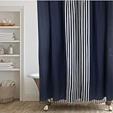 HALL & PERRY Modern Transitional Stripe Shower Curtain with Tassels - Vertical Navy Lines Striped 100% Cotton, 72' x 72'